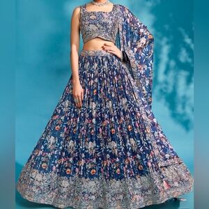 Floral Blue and White Lehenga Choli